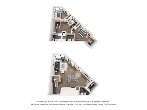 A 3D floor plan of a house with two levels.